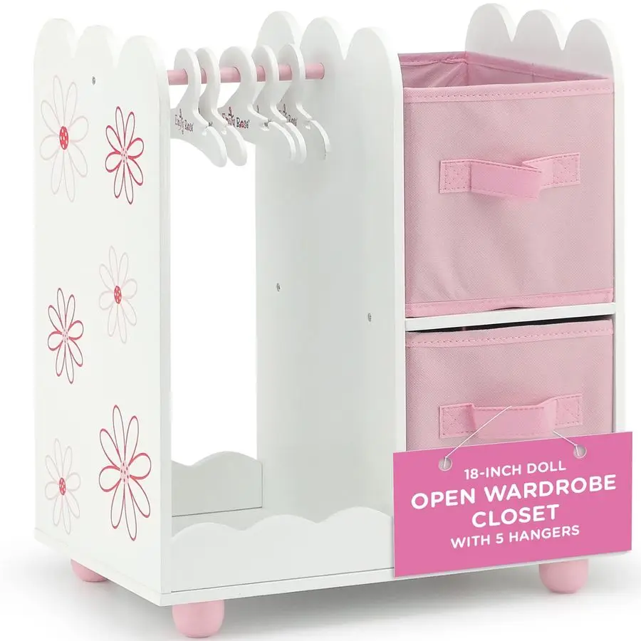 

Emily Rose 18 Inch Doll Wardrobe Closet Organizer Open Storage Armoire with Clothes Hangers Bins Wooden Furniture for American