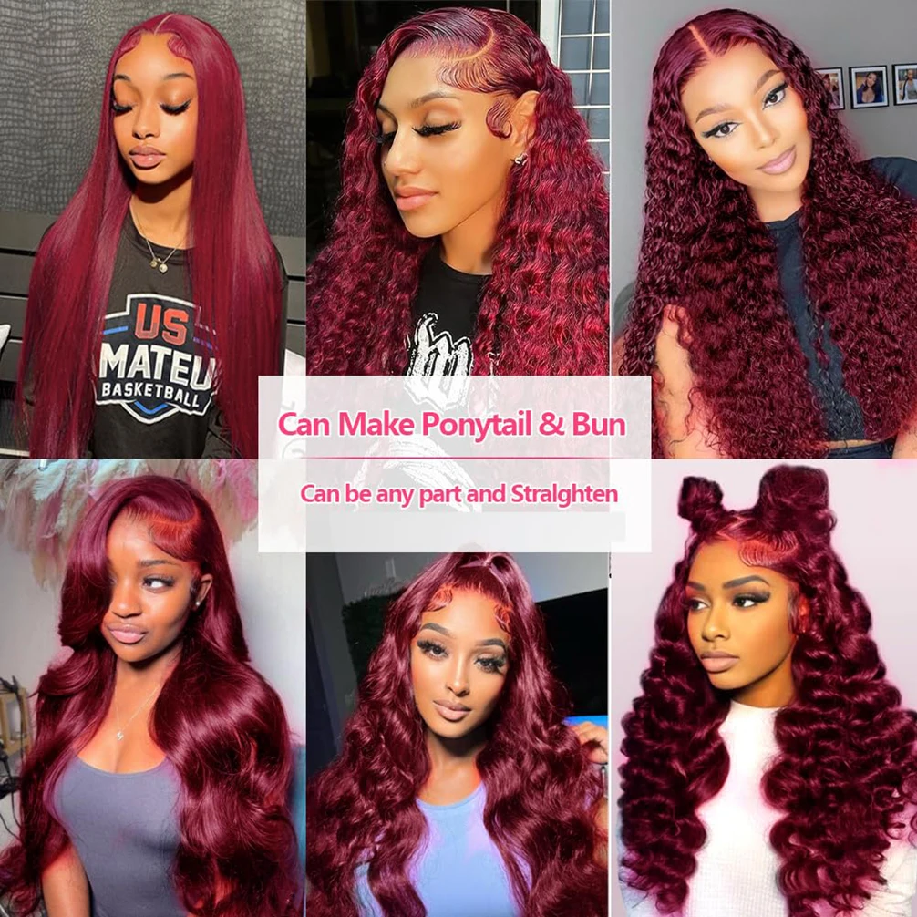 Wig Depan Renda Merah Marun 32 Inci 99j Rambut Manusia dengan Kepadatan 180% 13X6 Wig Frontal Renda Transparan HD Gelombang Tubuh Rambut Manusia Wig Merah