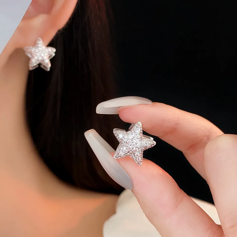Minimalist Sweet Silver Tone Pavé Inlaid Zircon Double Layer Star Stud Earrings for Women Romantic Dating Birthday Gift Jewelry