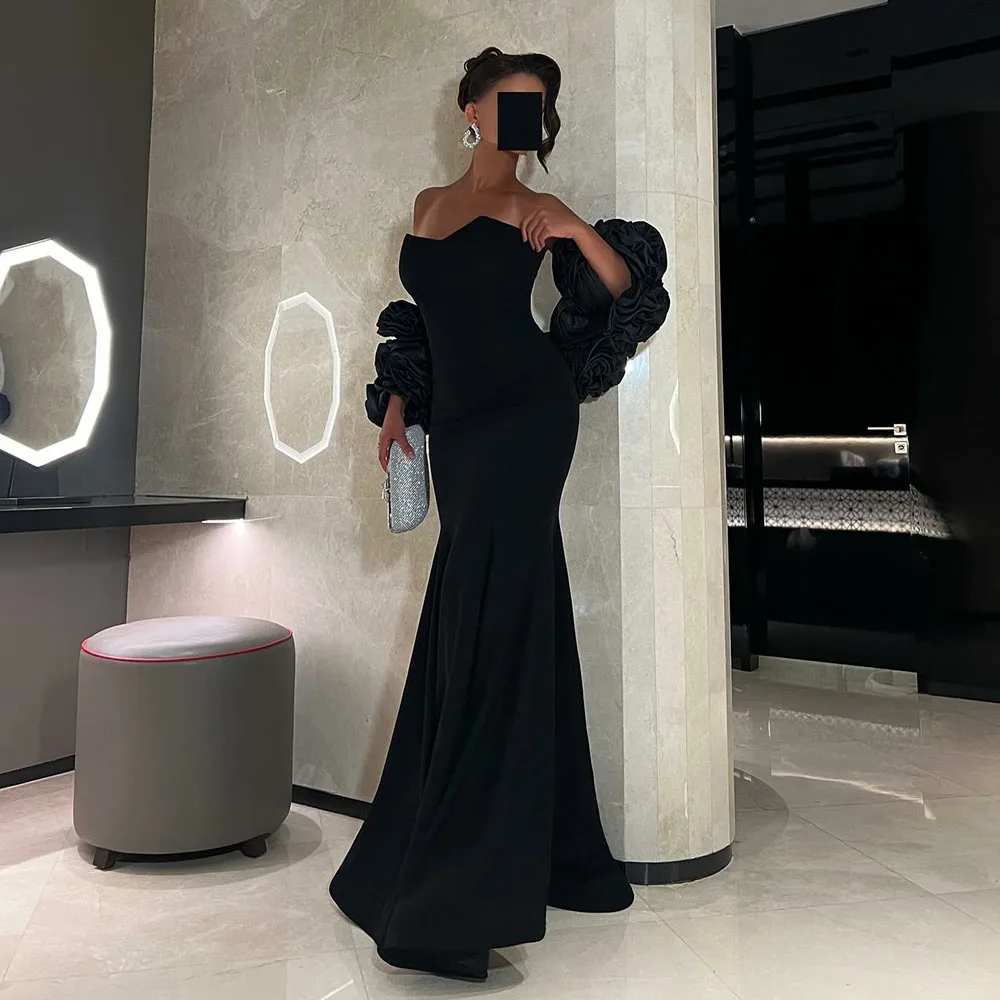 

Msikoods Black Long Mermaid Prom Dresses 2024 Sweetheart Party Dress Flower Sleeves Women Prom Gown Saudi Arabic Evenig Dress