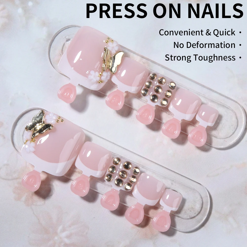 24 szt. Kwadratowe paznokcie sztuczne z motywem motyla i cyrkoniami, naklejane na paznokcie u stóp, krótkie, idealnie dopasowane, akrylowe paznokcie sztuczne.