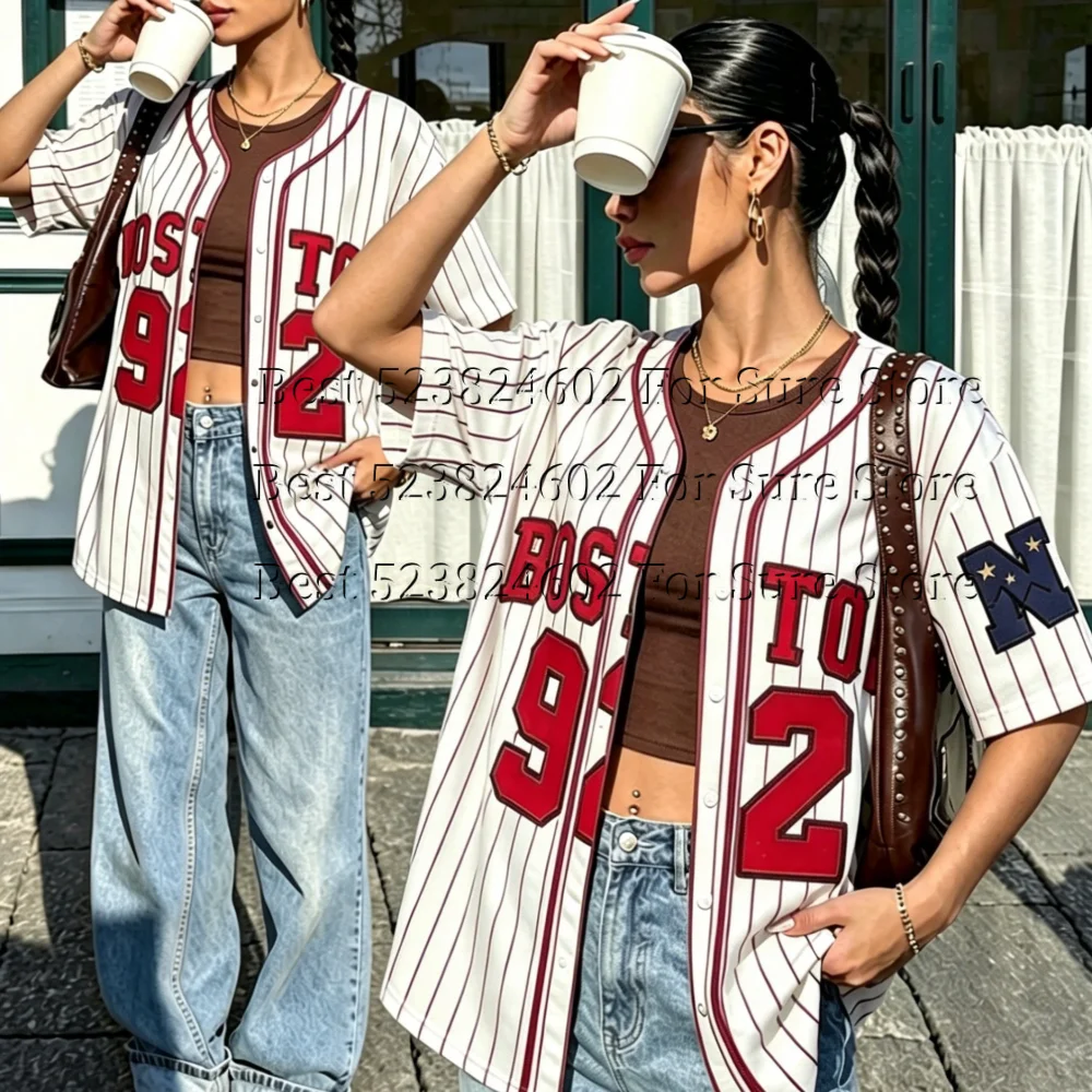 Women Boston 92 Number Striped Baseball Jersey Shirt Plus size Button Down Short Sleeve Sport Streetwear Hip Hop Casual Tops