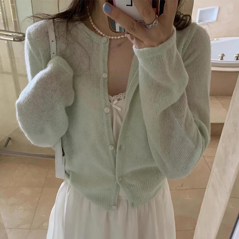 

Chic Autumn Soft Youthful round Ne Bastitch Knot Long Sve Knitted Jaet Women's Loose Fit Korean Sle Commute
