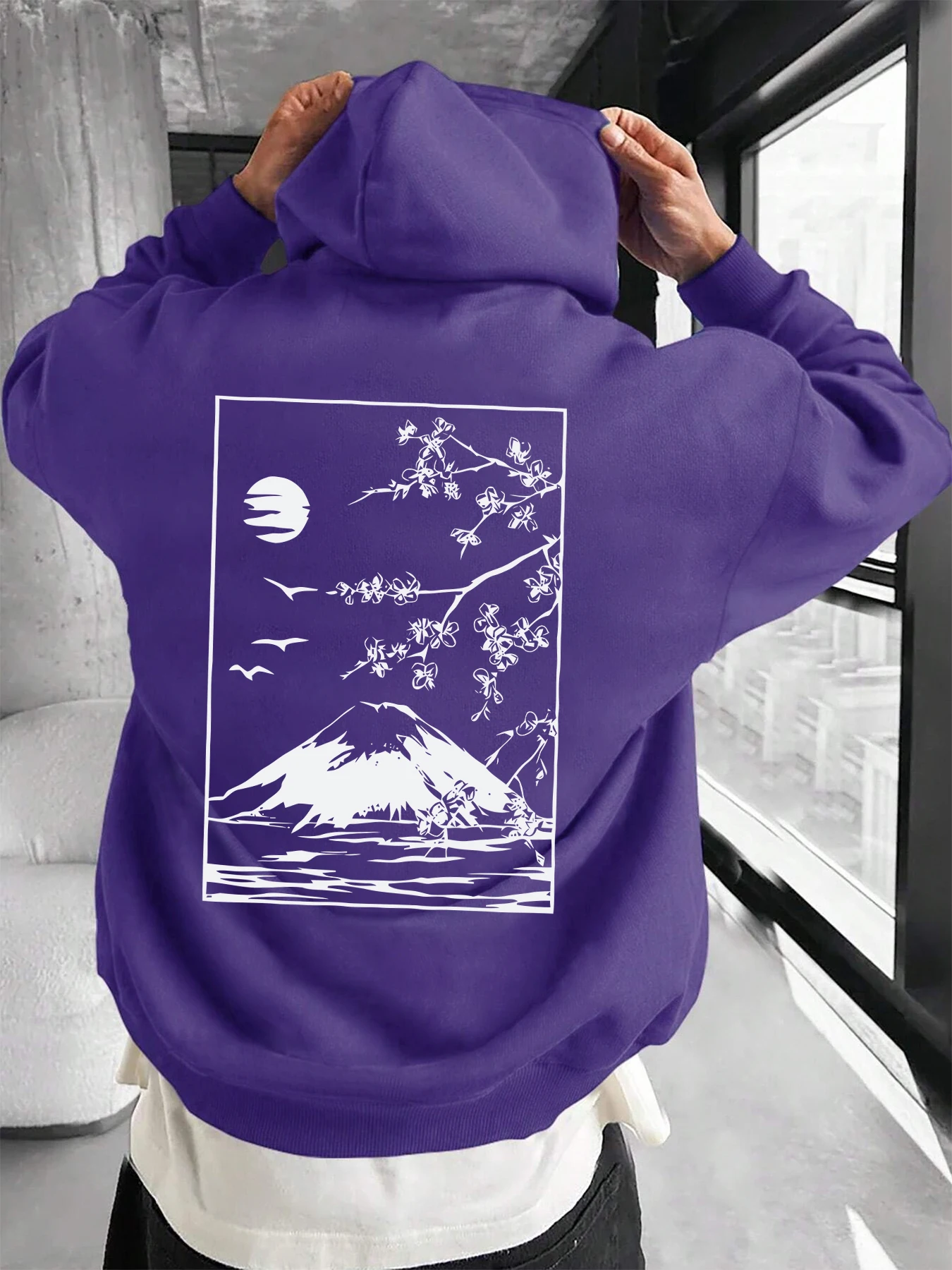 

Толстовка с принтом Cherry Blossoms In Mount Fuji, мужская повседневная свободная одежда, теплые пуловеры с меховой подкладкой, флисовые толстовки унисекс в стиле ретро