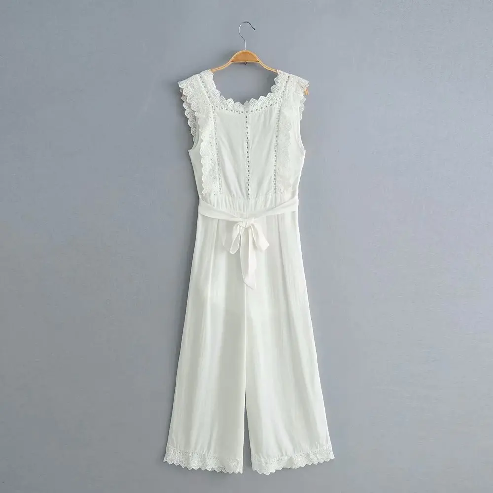 Nowa letnia moda damska 2026, casualowy kombinezon z koronkowymi wstawkami, długie spodnie z odkrytymi plecami i wycięciami.