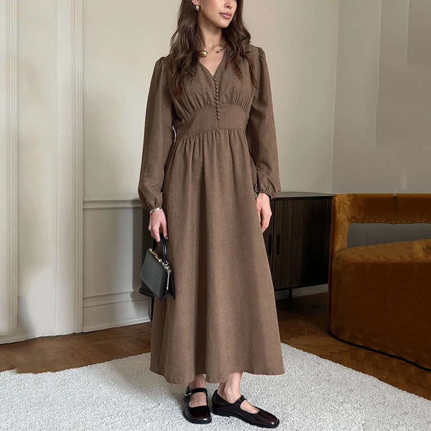 فستان Linad أنيق بني بصدر واحد فستان عتيق بخصر عالٍ طويل على شكل حرف A فستان بأكمام واسعة للشارع للنساء 2025