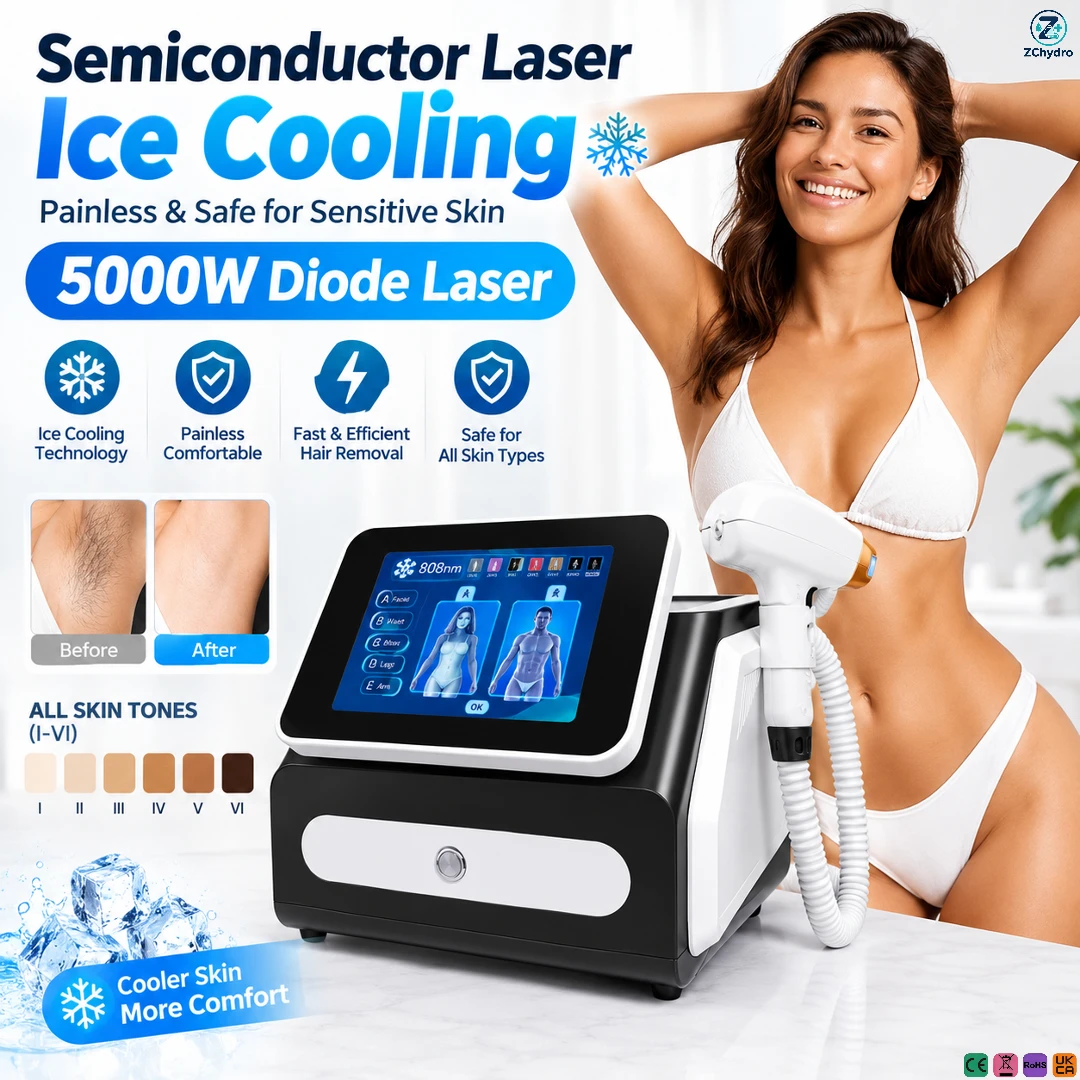 2026 808 Diode Hair Removal Machine SHR Mode Freezing Point Hair Removal 755 808 940 1064nm Multi Wavelength HD Touch Screen Sal