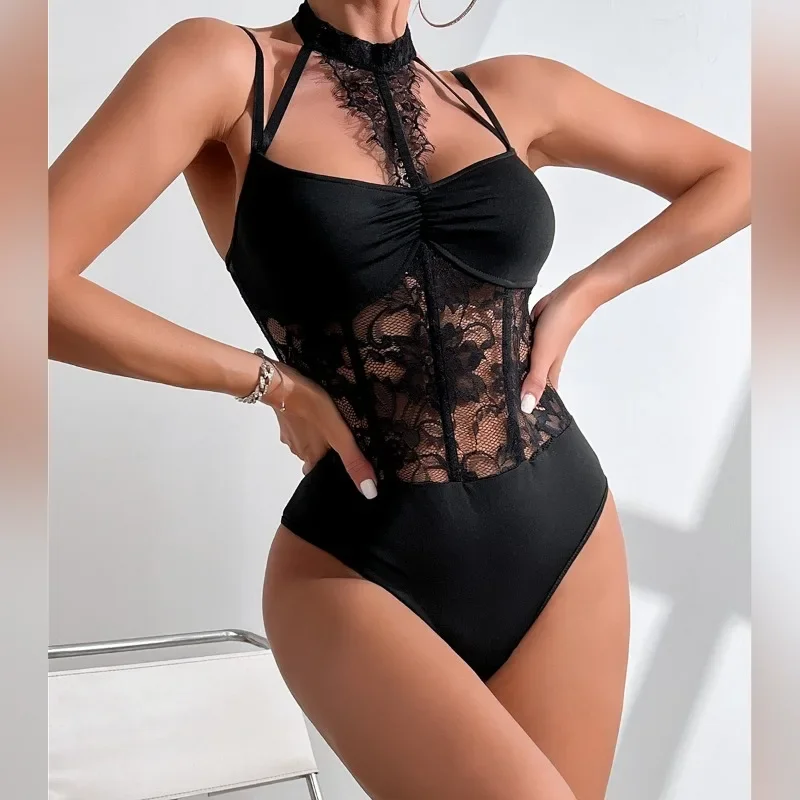 CHUANGERM Sexy Women One Pieces Lace Tight Strappy body Fasion Push Up Backless Slim Catsuits Hot Sexy Sheer Halter pagliaccetti