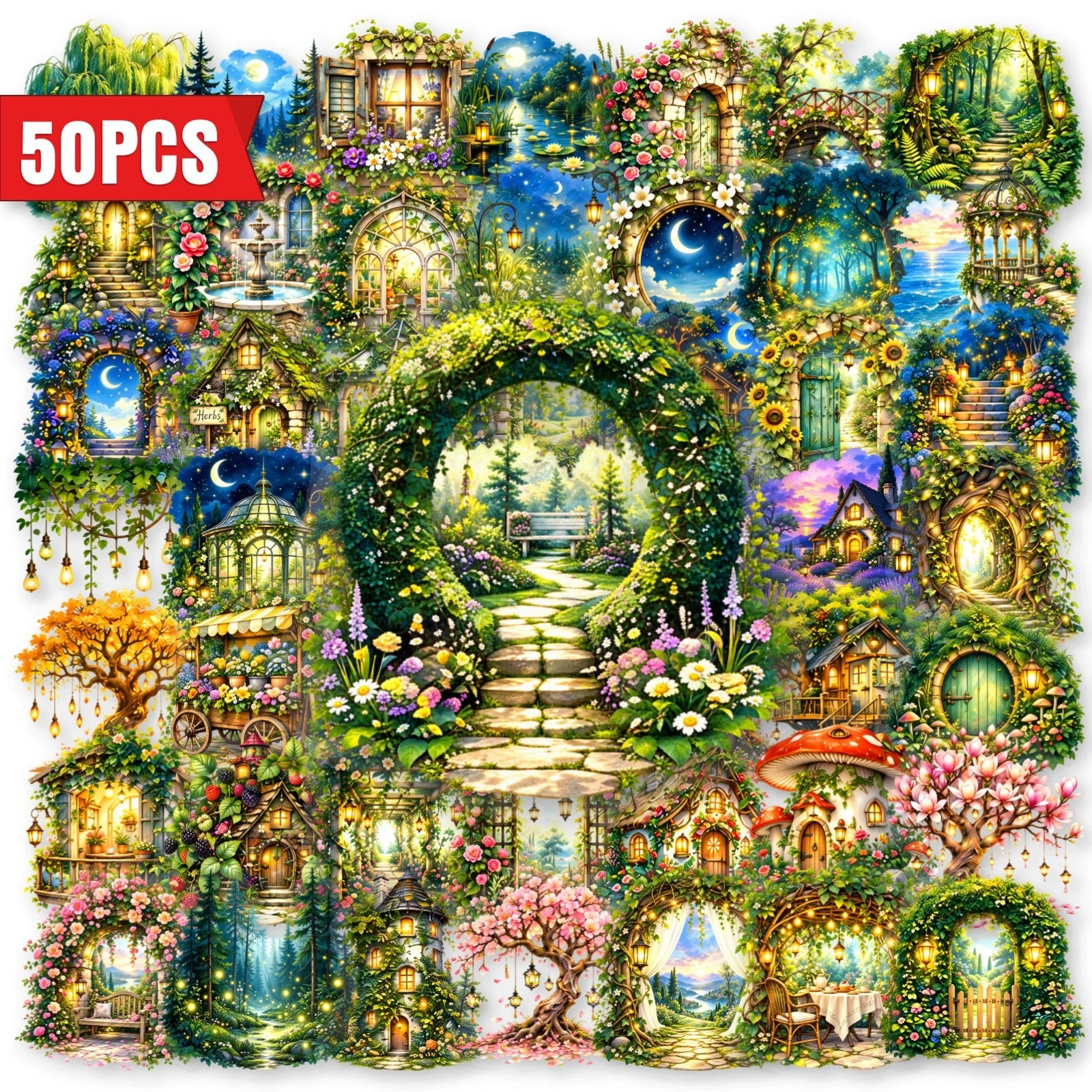 50pcs Fairy Tale Magic Forest PET Stickers – Elf House Mushroom Cottage Waterproof Stickers for Journal Scrapbook