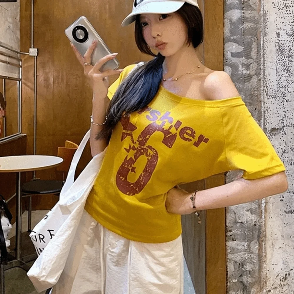 Fashion Y2k Off Shoulder Top Skew Collar Body Basic Short Sleeve Letter Print T Shirt Vintage Style image 3