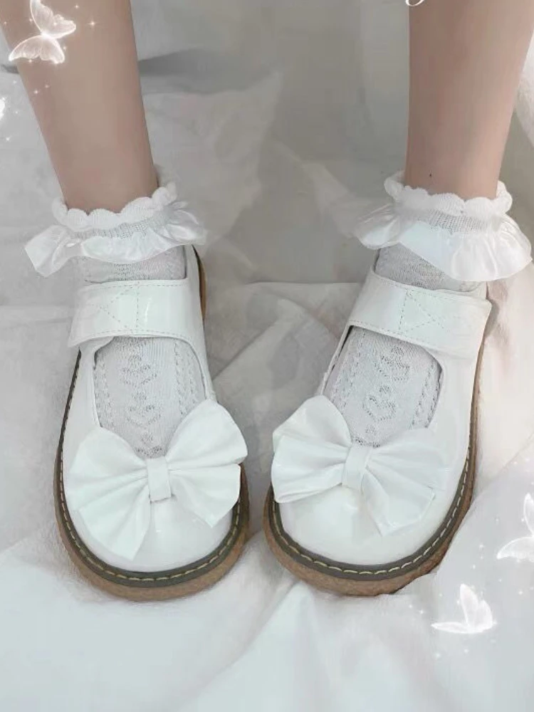 Fashion Uniform Small Leather Shoes Female Lolita Vintage Platform Round Head Shoes Women Tie Bow Student Girl Mary Jane Shoes