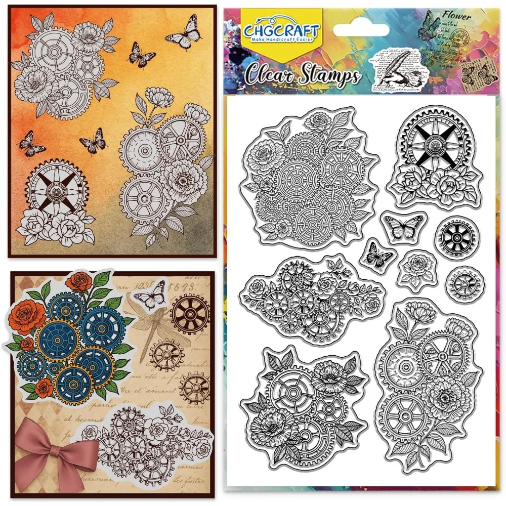Klare Stempel mit Blumenzahnrädern, Schmetterlinge, transparente Stempel, Rosen-Silikon-Stempelsiegel für die Kartenherstellung, DIY, Scrapbooking