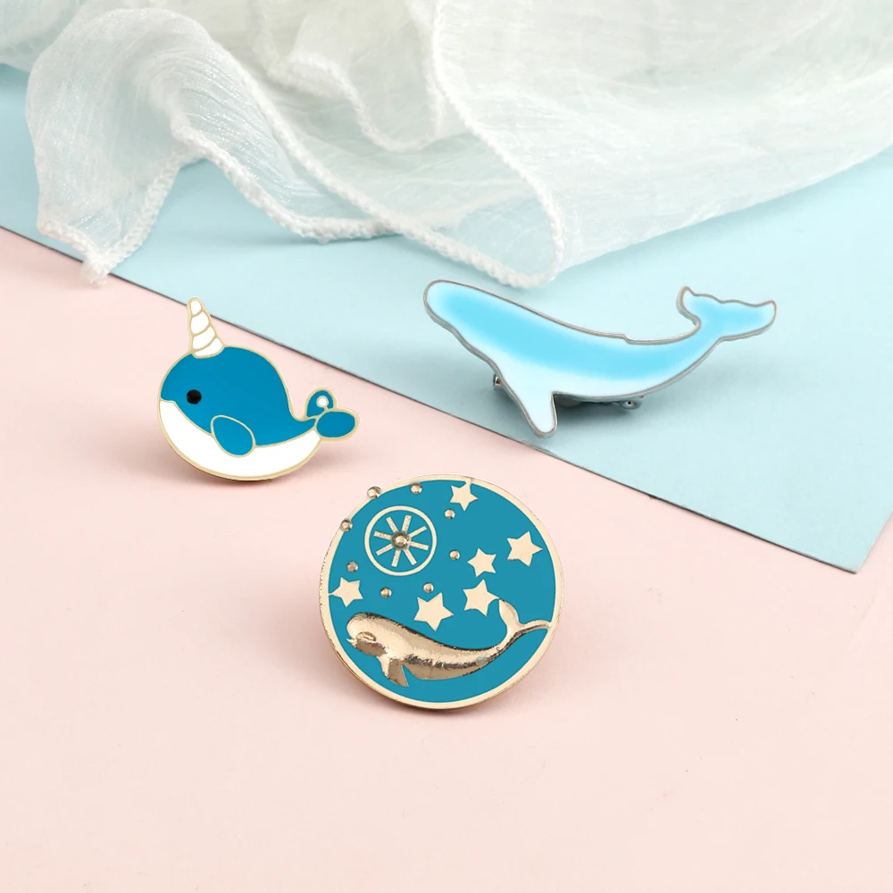 3 Styles Cool Blue Color Animal Enamel Pins Cute Dolphin Whale Brooches Women Coat Lapel Pin Badges Jewelry Gift for Friend New