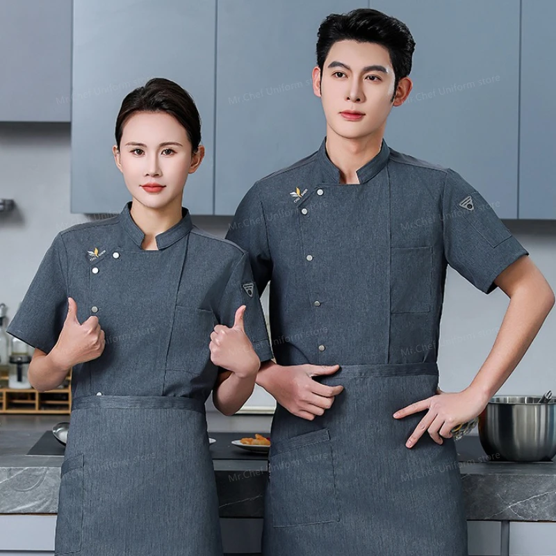 Manteau de Chef respirant de cuisine pour hommes, uniforme de Chef noir, tablier de Restaurant, Short de Chef à manches courtes, veste, vêtements de travail, Logo, été