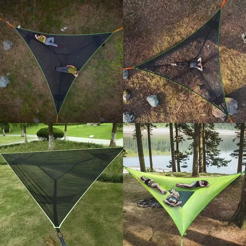 Portable Multi-Person Triangular Bamboo Hammock with Mesh 150kg Capacity-Garden Furniture & Outdoor Camping Tent-Hammock