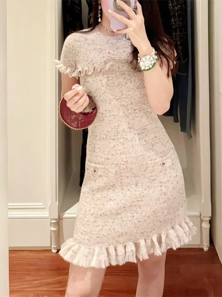 Sukienka europejska, elegancka, z falbanką, okrągły dekolt, dzianinowa, damska, z wysokim stanem, w kształcie litery A, letnia.