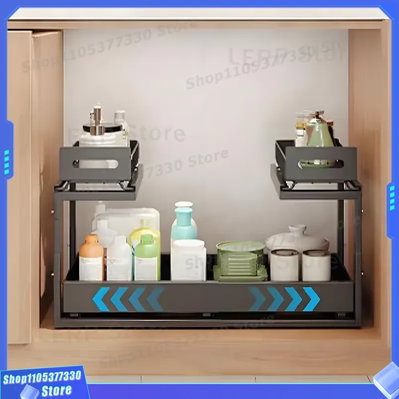 Modern Double Layer Metal Sink Storage Rack Eco Friendly Retractable Sliding Drawer Basket Adjustable Kitchen Cabinet