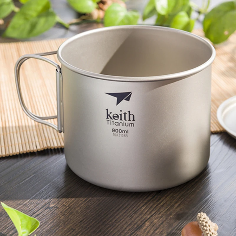 

Keith Camping Tableware Titanium Mug 900ml Portable Outdoor Hiking Travel Cookware Titanium Pot Folding Handle Cup Ti3209