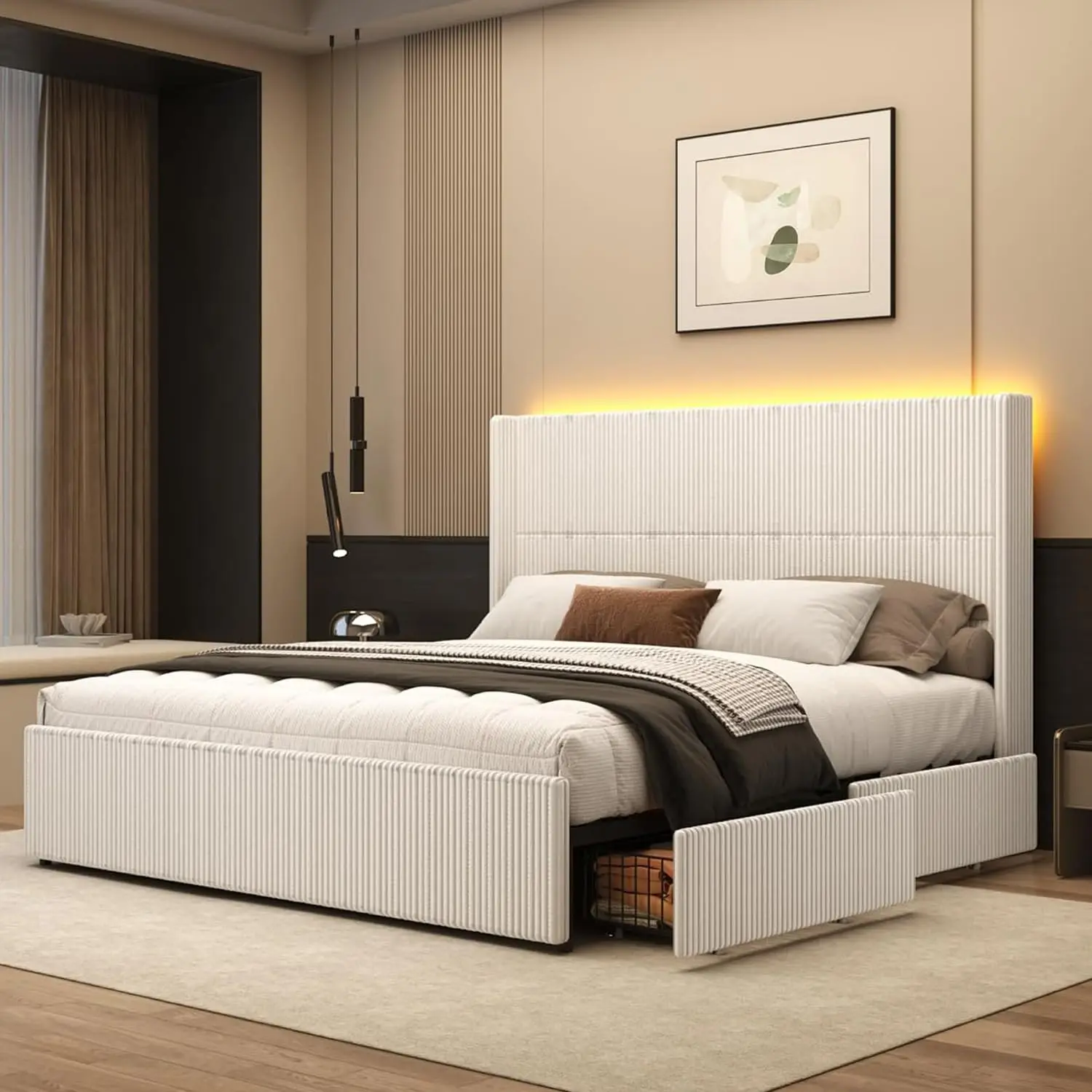 Upholstered Bed Frame 4 Drawers LED Light Wingback 52