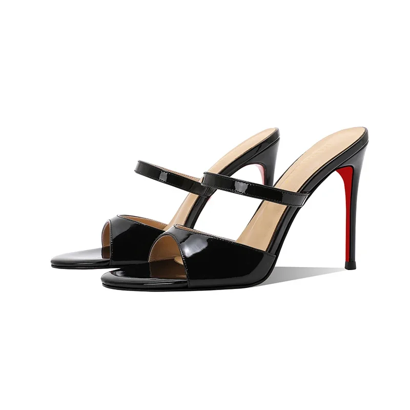 

Black patent leather sandals, women's outdoor slippers, slim heels, round toe, exposed toes, sexy new summer high heels