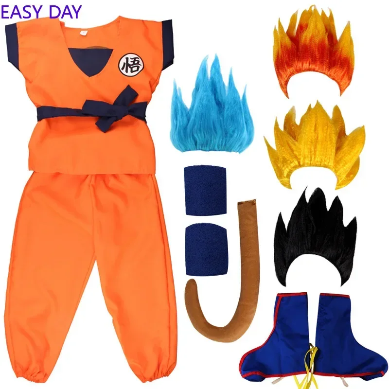 2025 New Kids Anime Son Goku Cosplay Costumes Krillin Training Clothes Superhero Outfits with Super Saiyan Wig Comic Con Part AA
