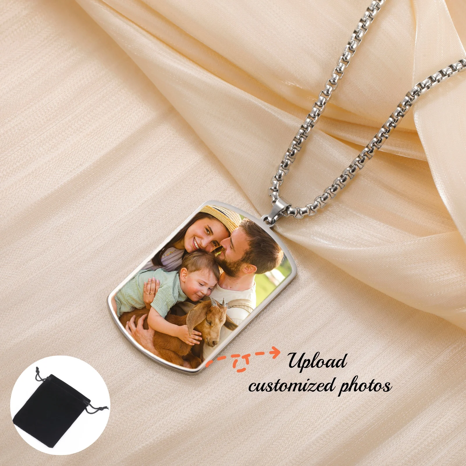 Customized Photo Round Square Necklace Stainless Steel Personalized Single-Sided Picture Necklace Family Couple Gift