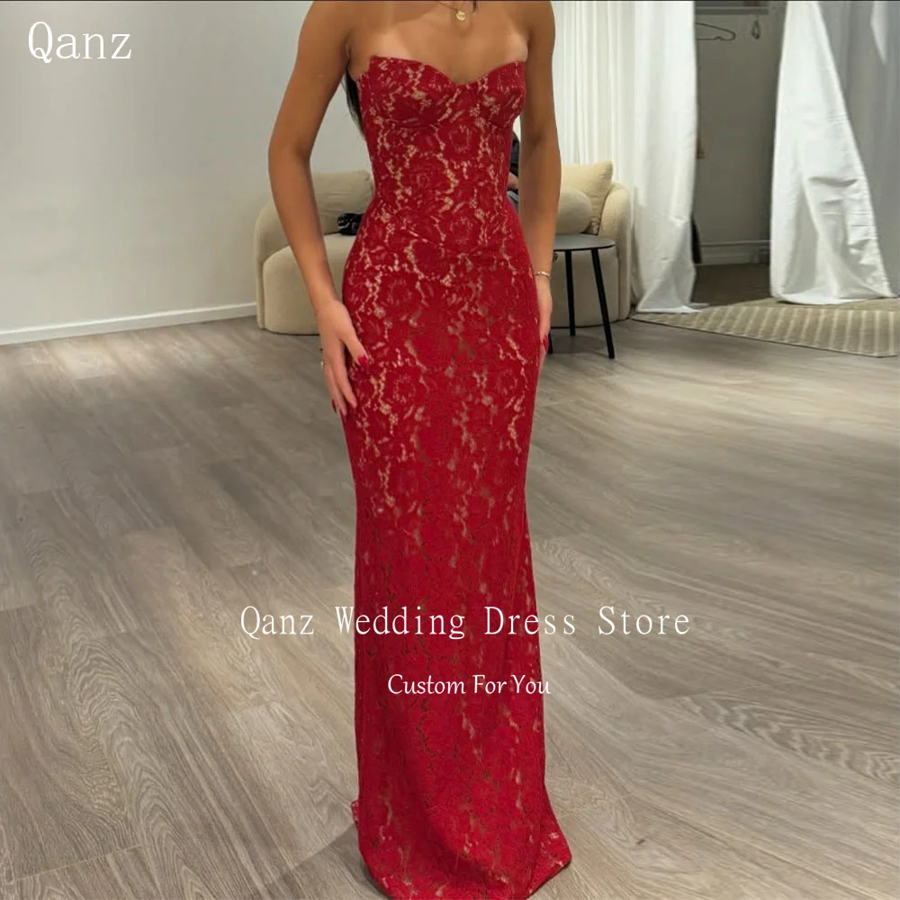 

Qanz Red Lace Appliques Prom Dresses Sweetheart Mermaid Sexy Wedding Party Dress Corset Back Formal Evening Gowns Customized
