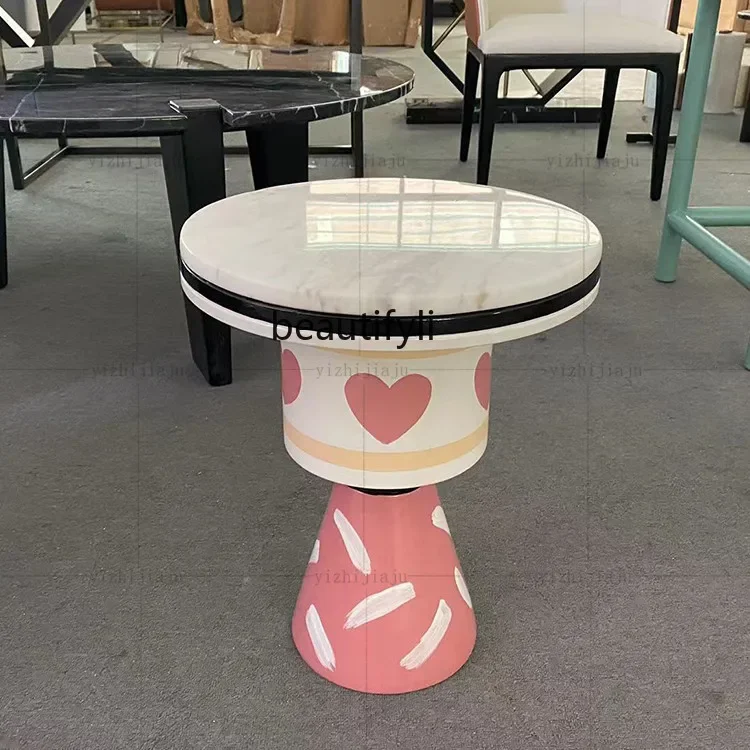 Pink wood paint, marble surface, bedside table, round painting, corner table