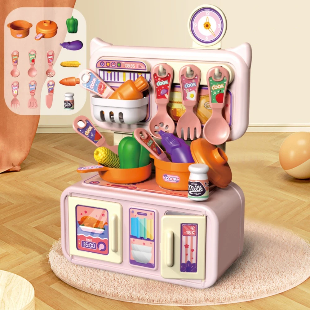 Mini giocattoli da cucina per bambini Set cuoco cibo da cucina simulato bancone da cucina Set da gioco con luci Spray Stoviglie Giochi di finzione Giochi di ruolo