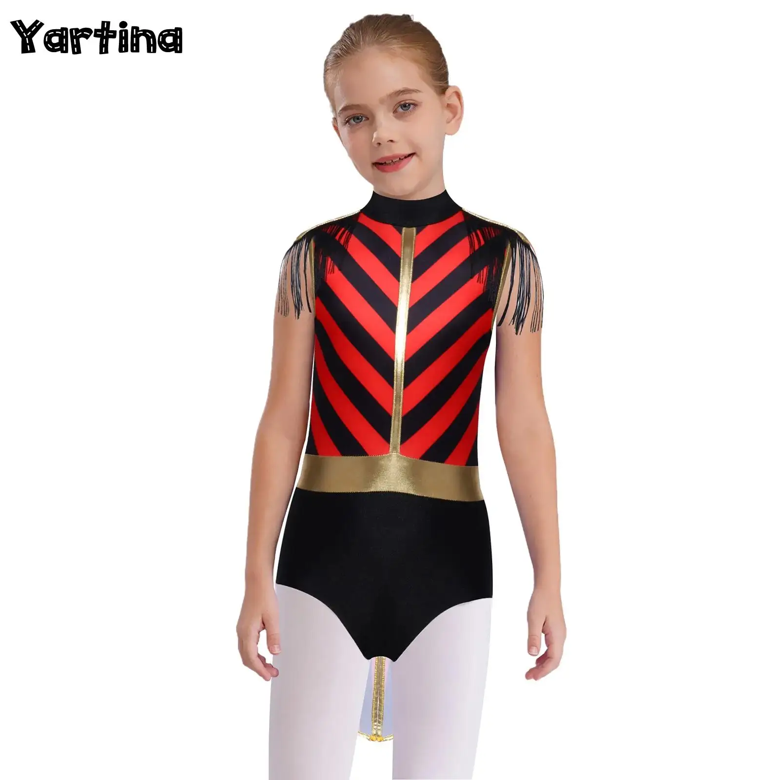 

Girls Circus Ringmaster Lion Tamer Halloween Cosplay Costume Stripe Tassel Buttons Invisible Zipper Ballet Leotard Jumpsuit