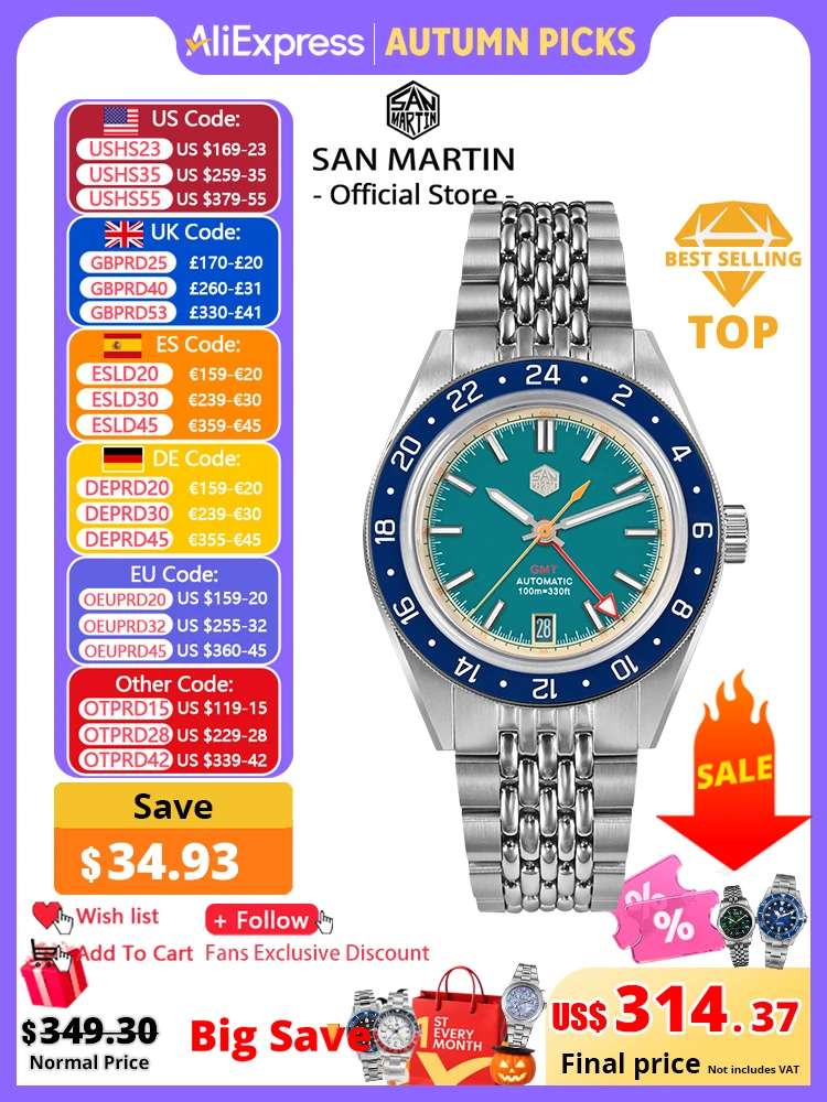 San Martin diseño Original moda GMT 39,5mm Reloj deportivo para hombre Japón NH34 mecánico automático impermeable 100m SN0116 Reloj