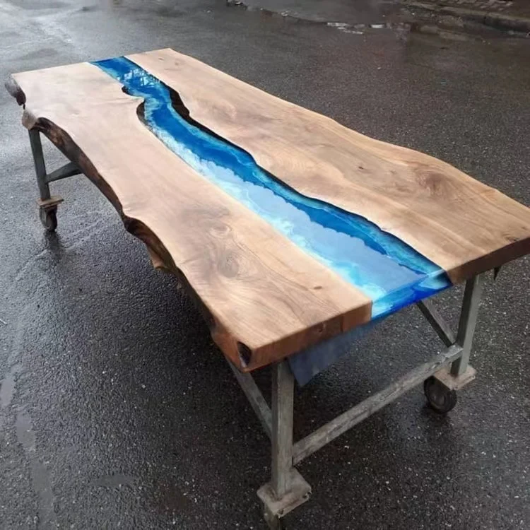 More Design Luxury Factory Direct Solid Walnut Wood Coffee Cafe Kitchen Restaurant River Epoxy Resin Slab Dining Table