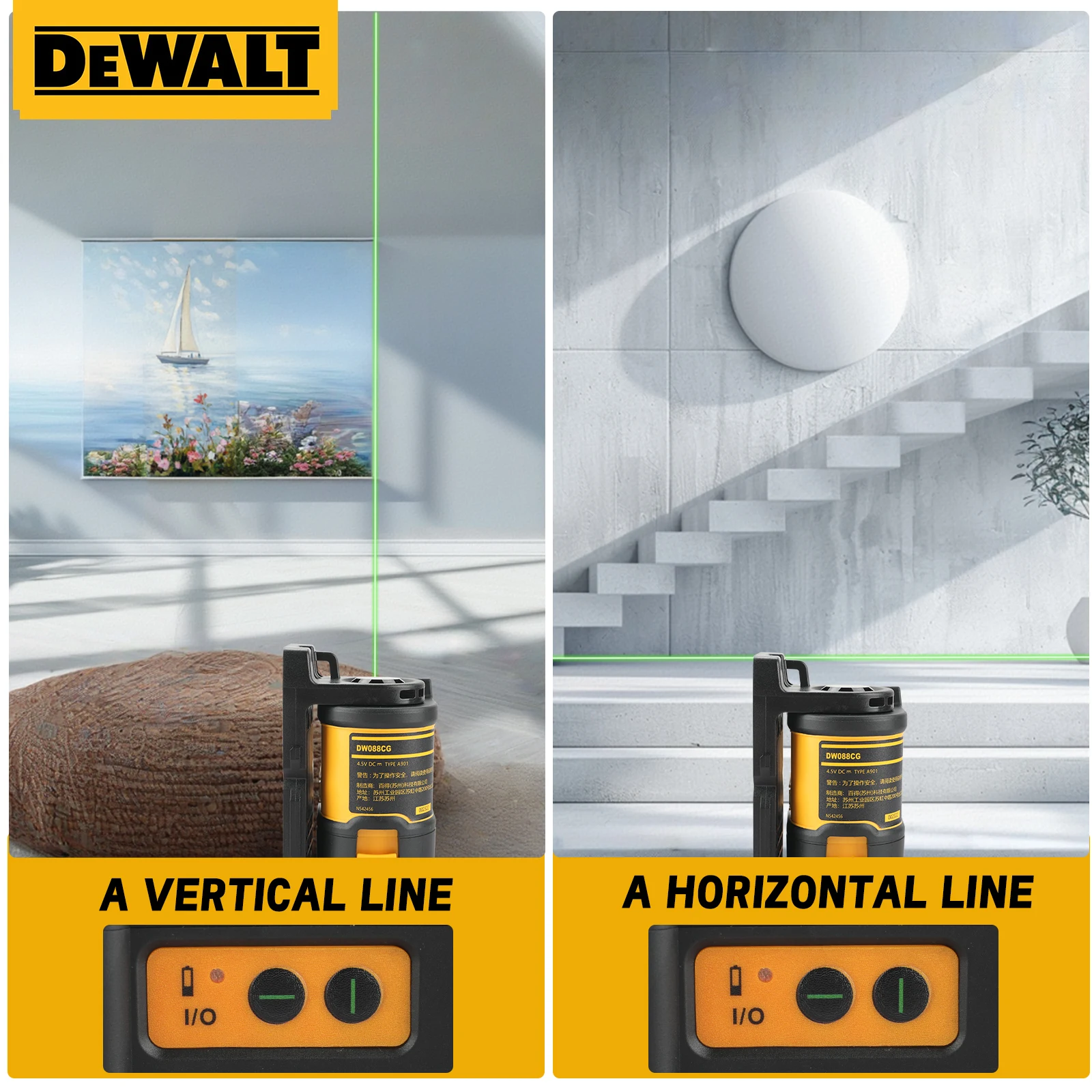 DEWALT مستوى الليزر 2-Line عبر الخط الضوء الأخضر التسوية التلقائية عالية الدقة مستوى الليزر الرأسي الأفقي DW088CG