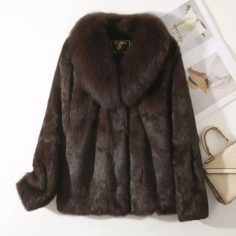 Real Rex Rabbit Fur Coat for Women, Autumn Winter Short Jacket Thick Warm New Fox Fur Collar Elegant Female Warm Outerwear Wh110