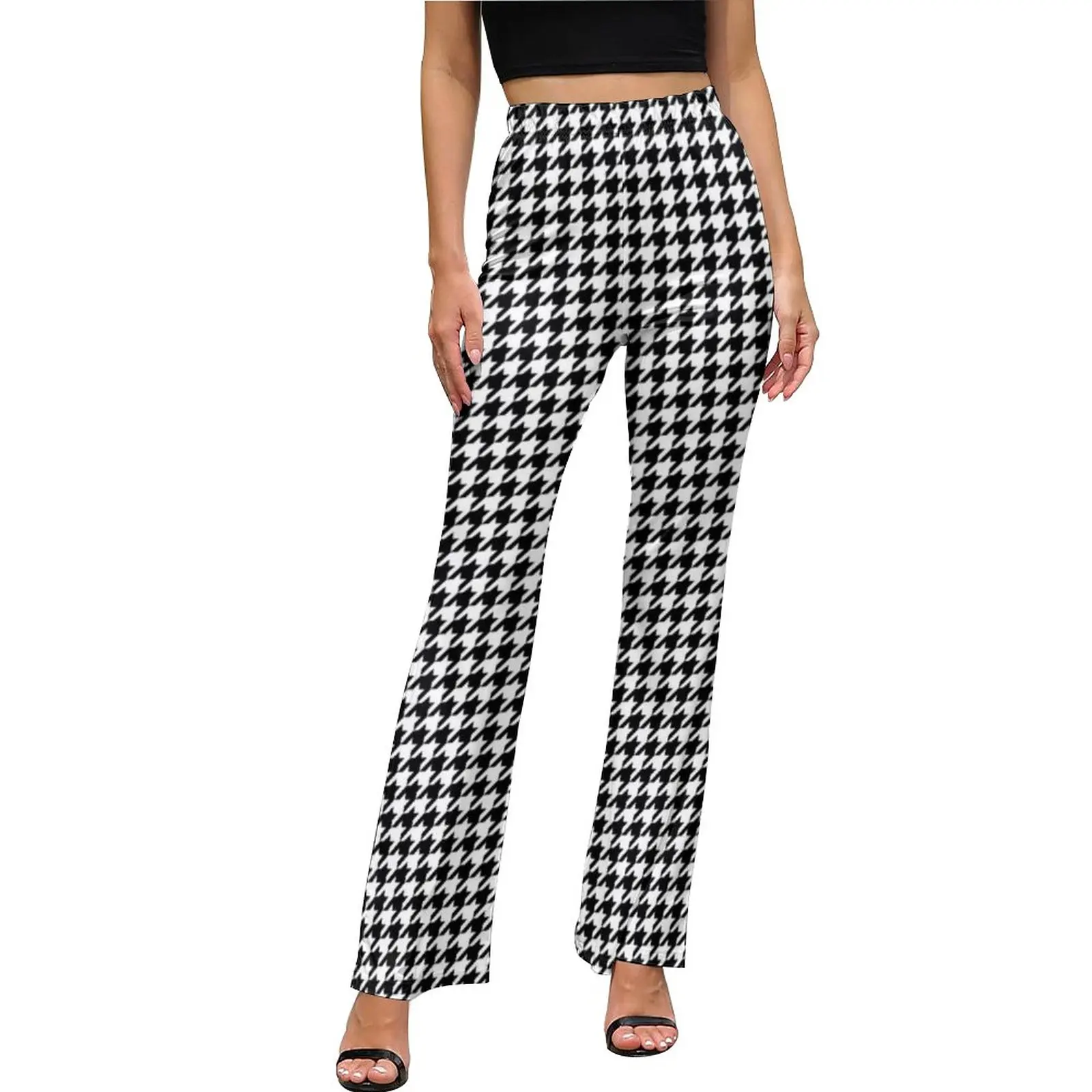 

Elegant Houndstooth Pants High Waist Black and White Retro Harajuku Flared Pants Daily Night Club Graphic Oversized Trousers