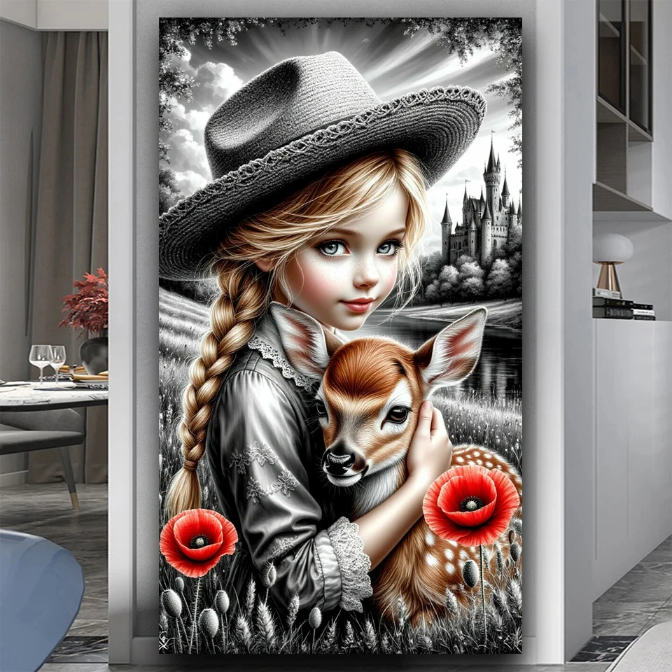 

Большой размер Diy Diamond Art Фэнтези Красивая шляпа Девушка Олень Пейзаж Pintura Diamantes, аксессуары для алмазной живописи