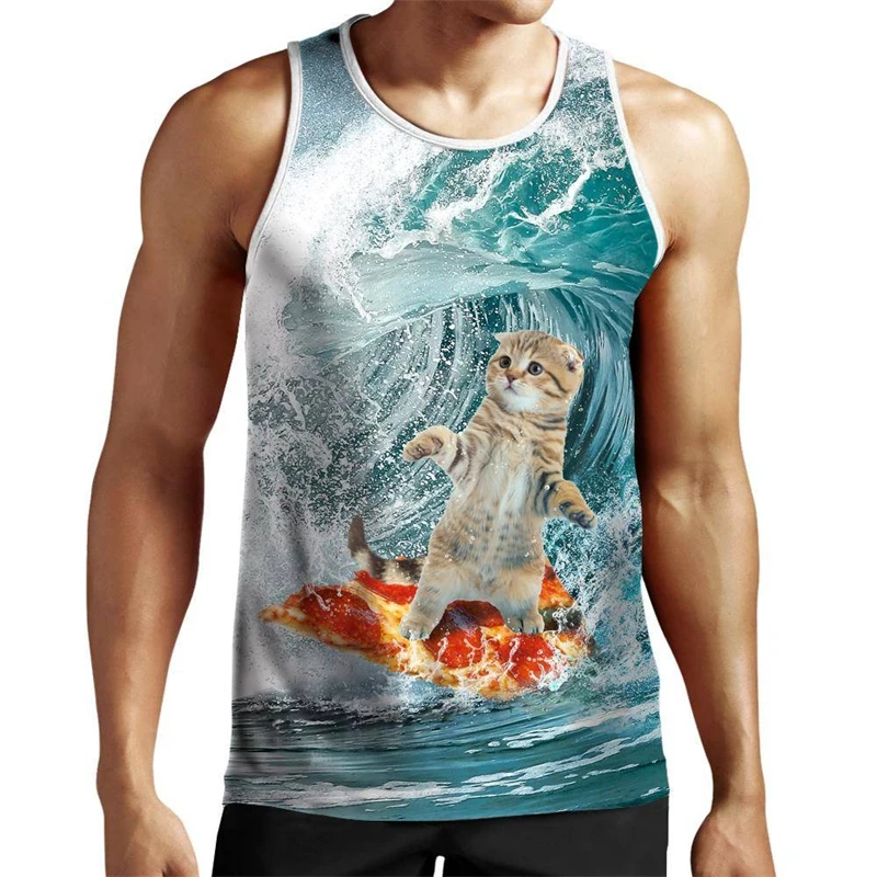 

Hip Hop Funny Vest Men's Clothing Pizza Cat Graphic Sleeveless Shirts Starry Sky Print 2025 Summer Casual Outdoor Sport Tank Top
