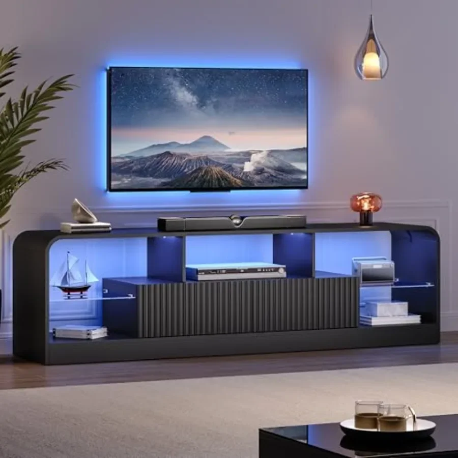 TV Stand for 60/65/70 Inch TVs, Modern Curved TV Console with LED Lights, 2 Drawers and Glass Shelves, Living Room Entertainmen