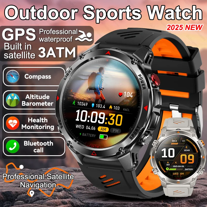 

2025Новые мужские спортивные умные часы на открытом воздухе, настоящий GPS-компас, высотомер, 3ATM, водонепроницаемый фонарик, HD, беспроводной вызов, умные часы для взрослых