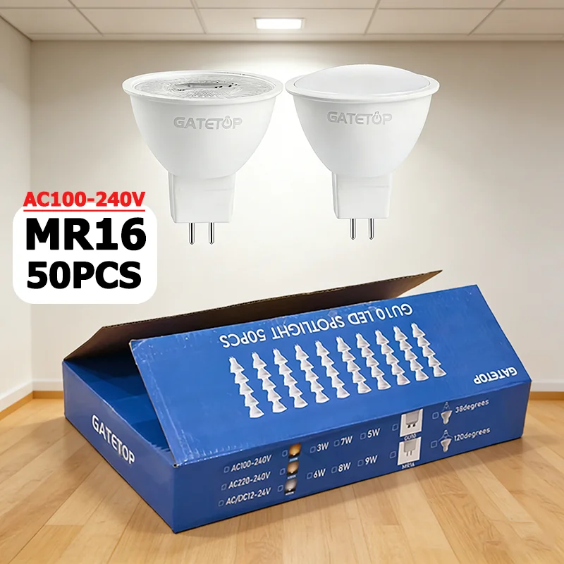 

50 шт. светодиодных ламп Gatetop AC100-240V MR16 GU5.3, естественный белый свет 3000K, холодный белый 6000K, 3W 8W, аналог галогенных ламп 60W, для дома и спальни