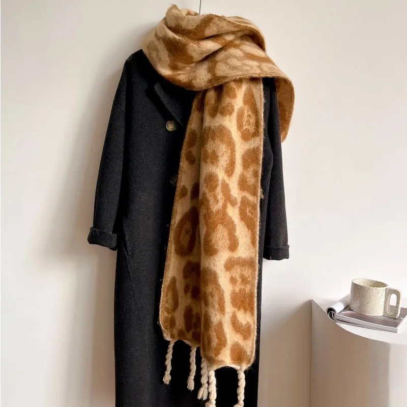 2023Winter New Style ImitationCashmere Braided Tassel Women's Scarf Long Shawl Leopard Pattern Circled Yarn Thickened Warm Scarf