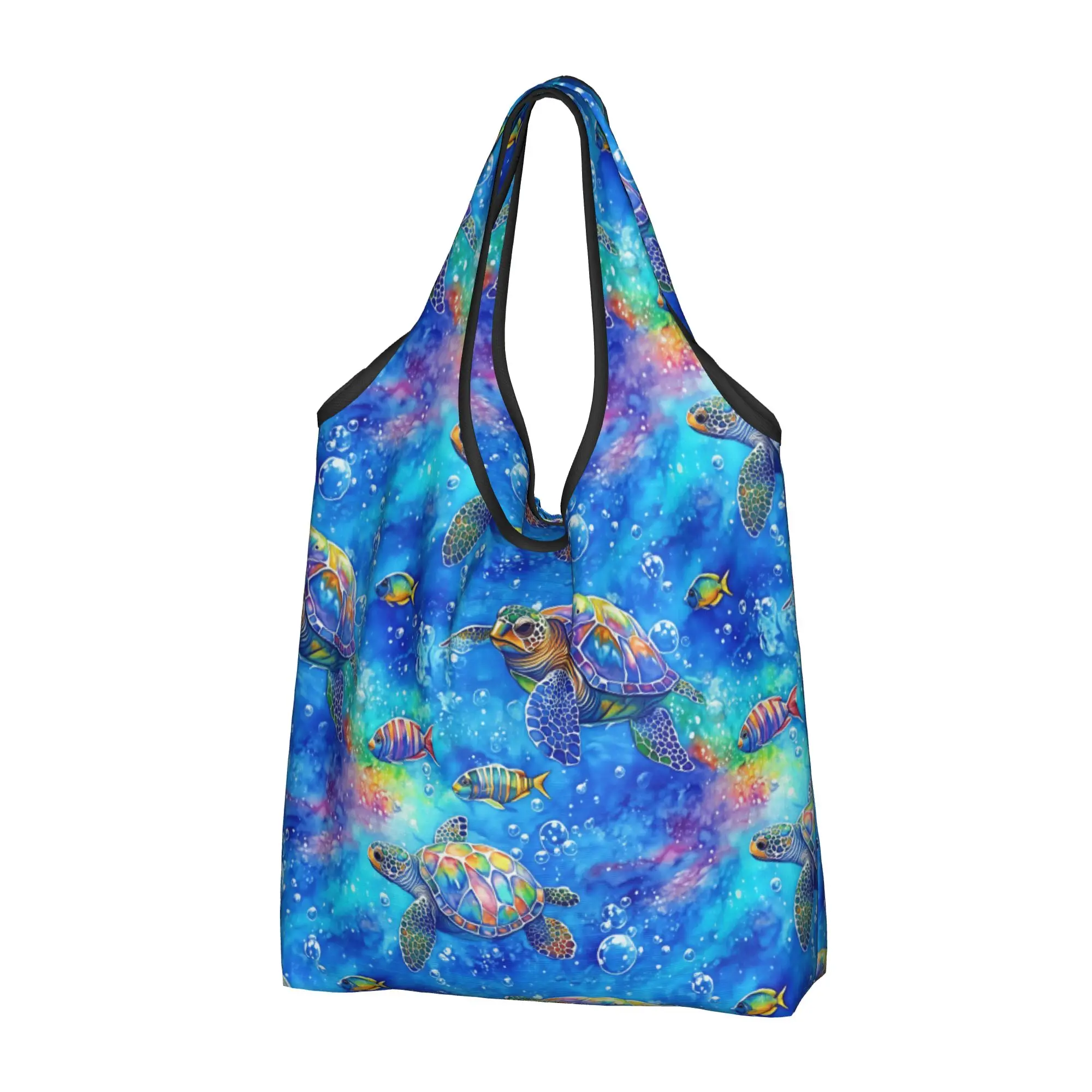 Bright Tropical Watercolor Sea Turtles Groceries Shopping Tote Bags Women Custom  Shoulder Shopper Bags Big Capacity Handbags