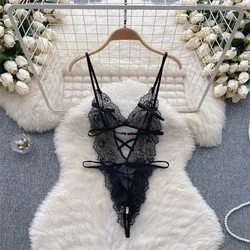 Sweet Solid Lace Women's Sexy Lingerie Cross Strap Bow Hollow Bodysuit One Piece Slim Fit Erotic Backless Catsuit Romper Pajama