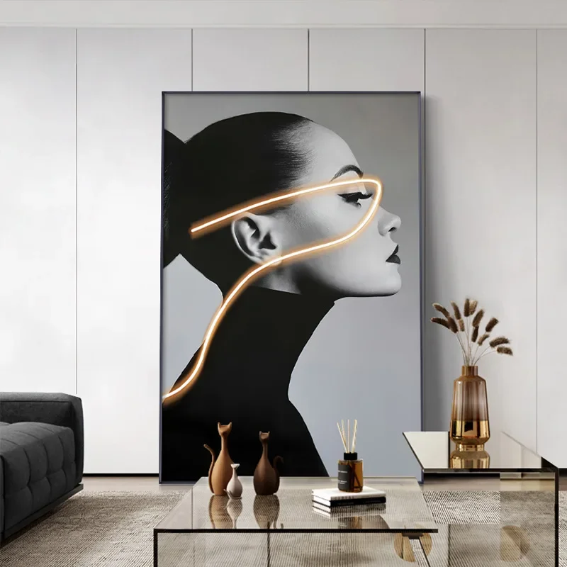 Sofa background wall decorative painting hanging art figure LED light entrance mural modern simplicity