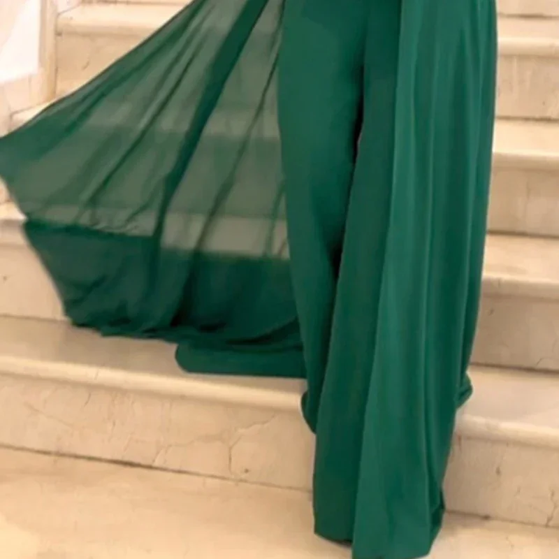 Fashion Sleeveless Hollow Out Cloak Playsuit Elegant Solid Green Long Jumpsuits Summer Ladies High Waist Wide Leg Pants Romper