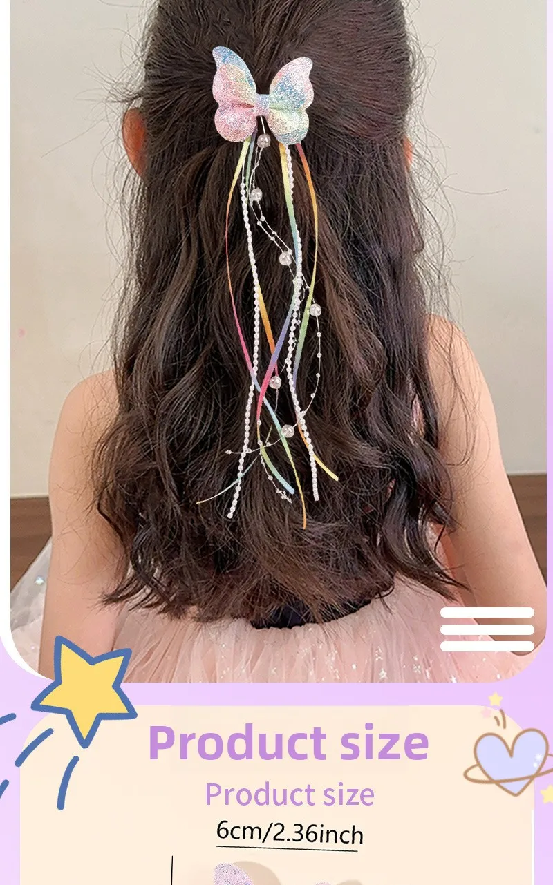 2 Stück niedliche Haarspangen mit Farbverlauf und Schmetterlingsmotiv für Mädchen, glänzende, lange Quasten und Schleifen, Haaraccessoires im süßen Prinzessinnen-Stil. – Detail 2
