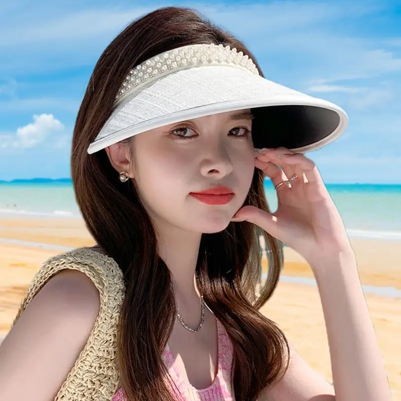 Empty Top Sun Hat Wide Brimmed Adult Sunscreen Visor Hat Adult Sunshade Hat With Pearl Accent Hair Band Style Black Rubber