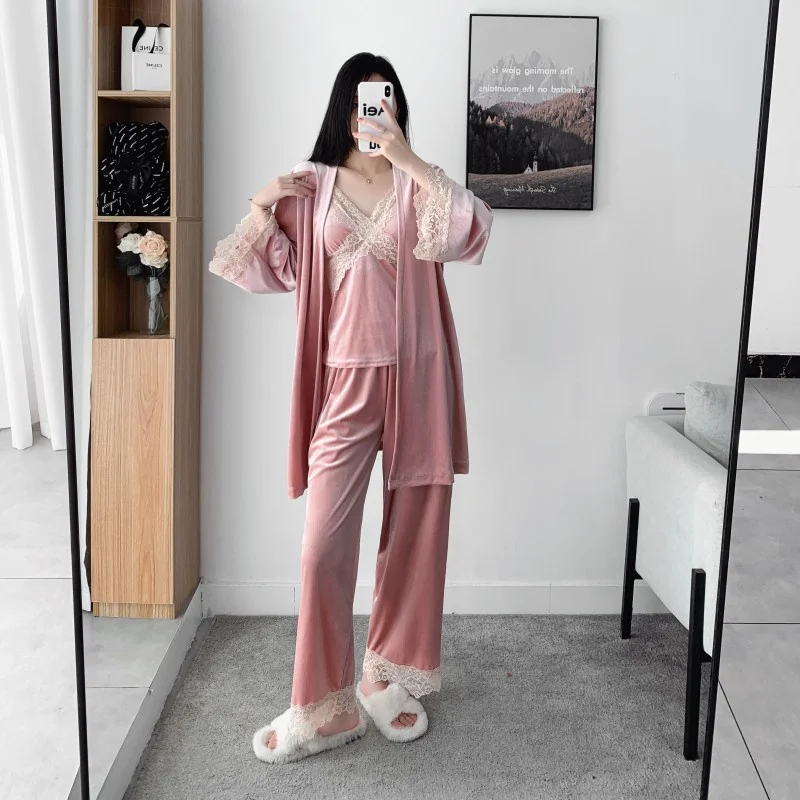 New Autumn Velvet Sling Three-piece Set Pajamas Lace Trim Bath Robe Nightgown Loose Casual Velour Solid Home Clothes