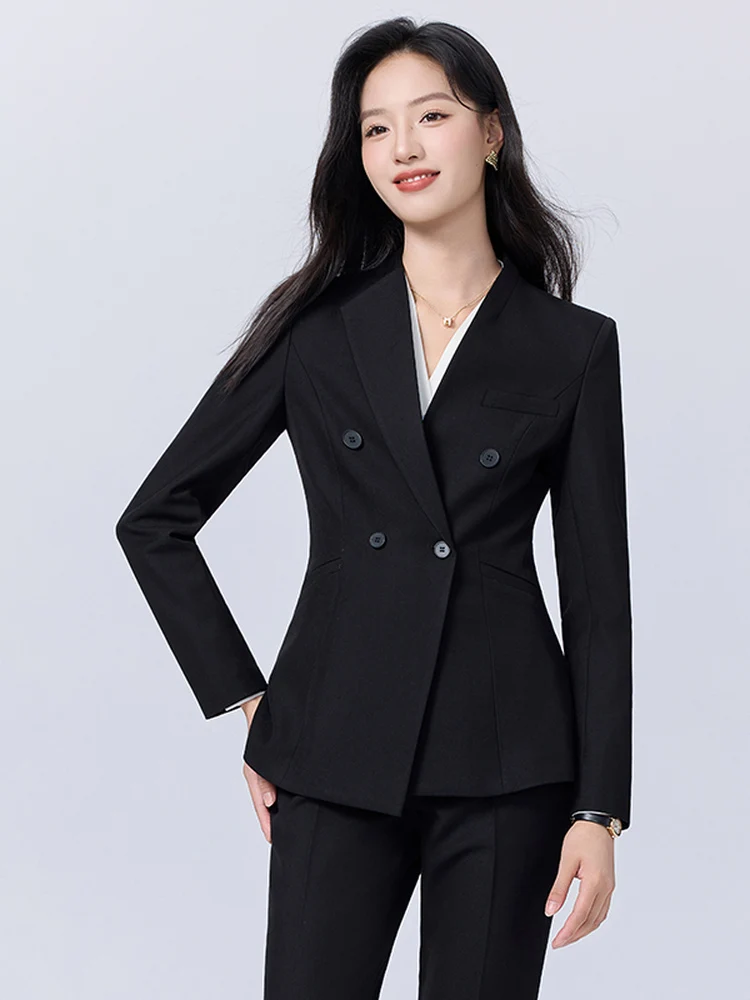 Elegant Black Suit Set for Women Interview Formal Professional Hotel Manager Reception Workwear Commute Polyester Fiber