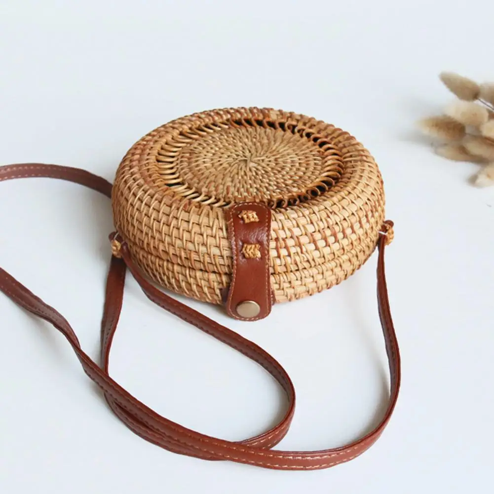 Large Capacity Handwoven Round Rattan Bag Natural Chic Travel Messenger for Women with Shoulder Strap Leather Straps